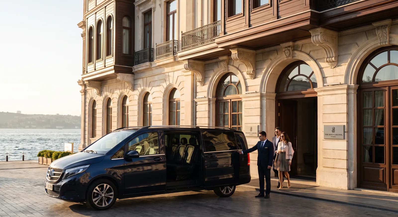 A professional chauffeur beside a Mercedes van at a hotel entrance