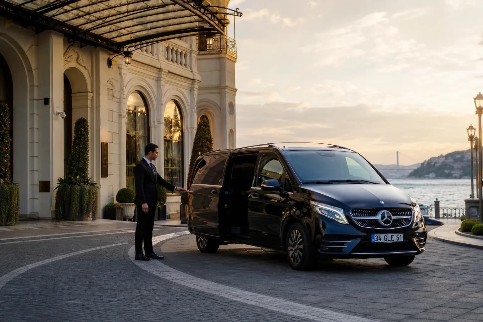 Chauffeur opening the door of a dark Mercedes van