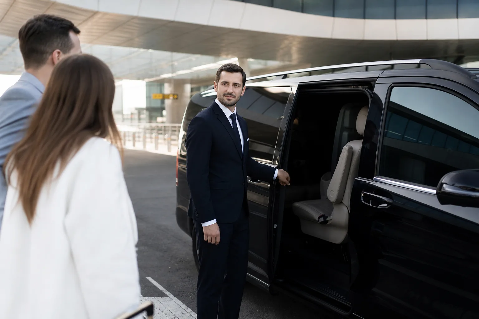Chauffeur greeting arriving passengers at the airport terminal