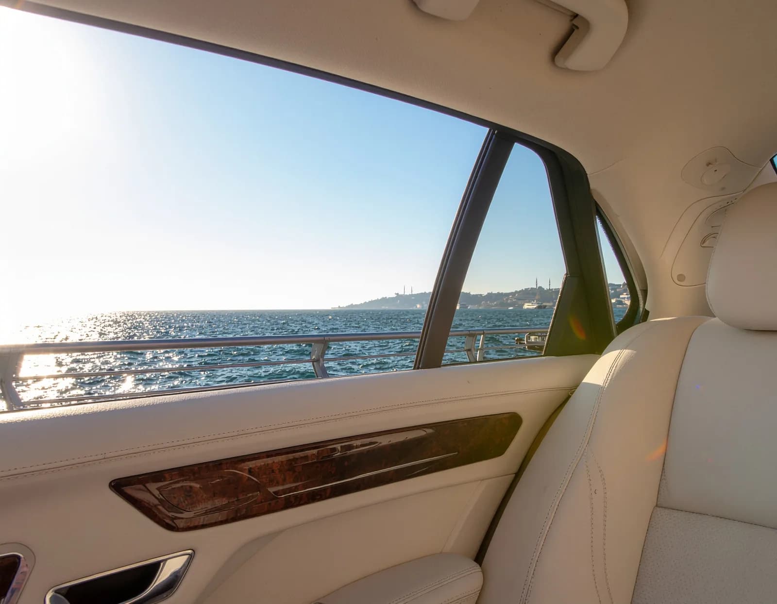 Bosphorus and Istanbul skyline seen through a car window